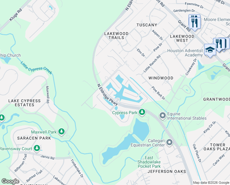 map of restaurants, bars, coffee shops, grocery stores, and more near 13202 Lismore Point in Cypress