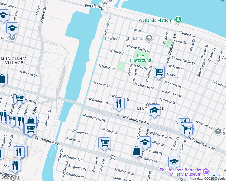 map of restaurants, bars, coffee shops, grocery stores, and more near 1817 Reynes Street in New Orleans