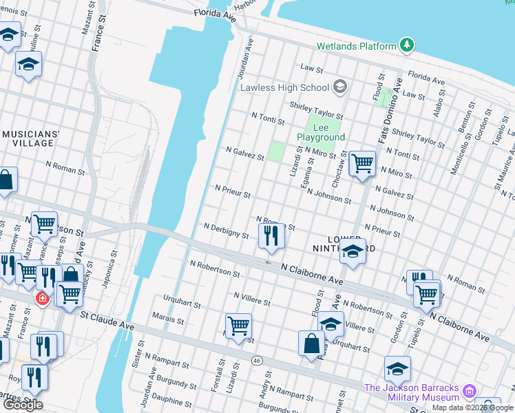 map of restaurants, bars, coffee shops, grocery stores, and more near 1817 Reynes Street in New Orleans