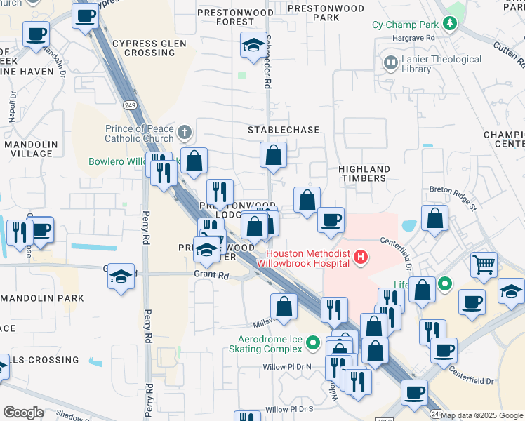 map of restaurants, bars, coffee shops, grocery stores, and more near 13210 Prestonwood Forest Drive in Houston