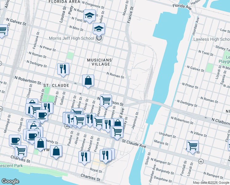 map of restaurants, bars, coffee shops, grocery stores, and more near 4220 North Claiborne Avenue in New Orleans
