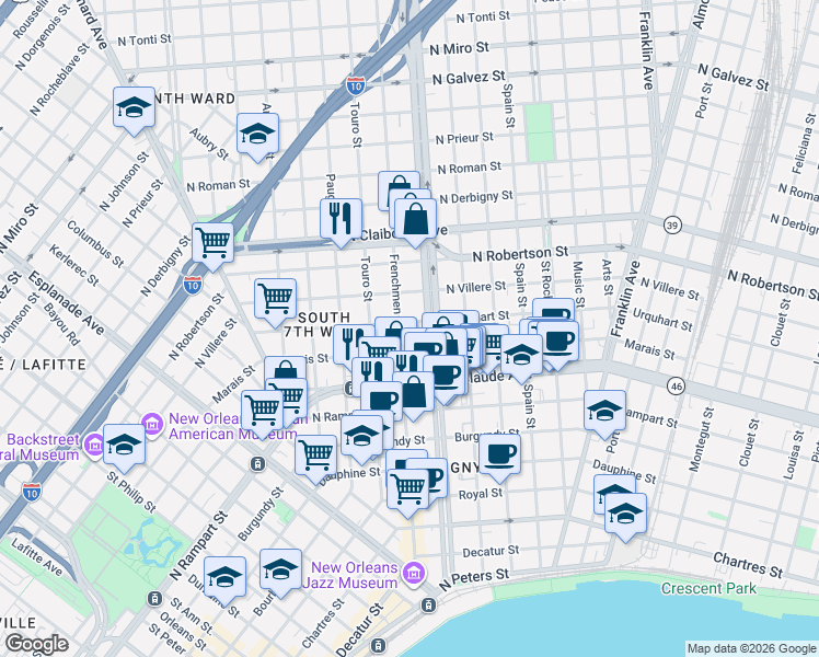 map of restaurants, bars, coffee shops, grocery stores, and more near 1222 Frenchmen Street in New Orleans