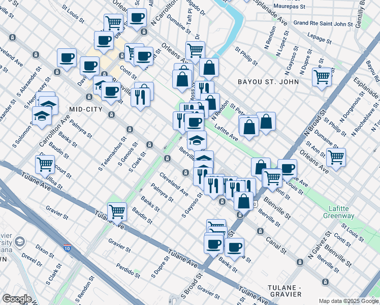 map of restaurants, bars, coffee shops, grocery stores, and more near 3219 Iberville Street in New Orleans