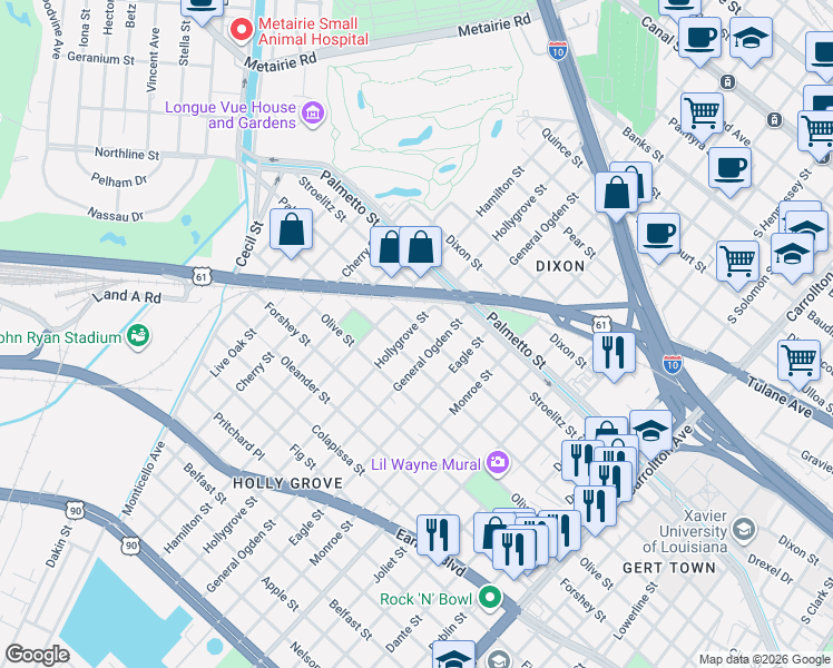 map of restaurants, bars, coffee shops, grocery stores, and more near 8908 Palm Street in New Orleans