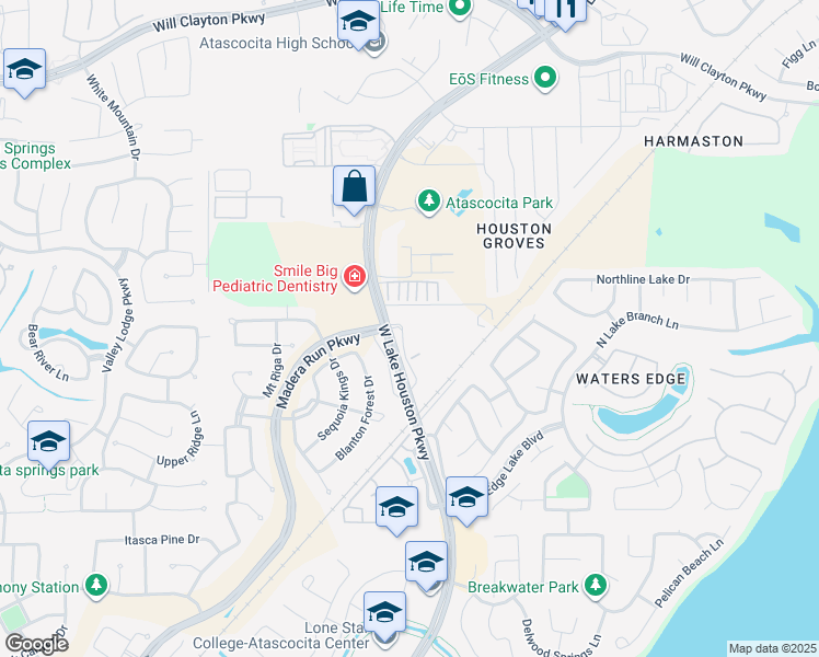 map of restaurants, bars, coffee shops, grocery stores, and more near 16848 West Lake Houston Parkway in Atascocita