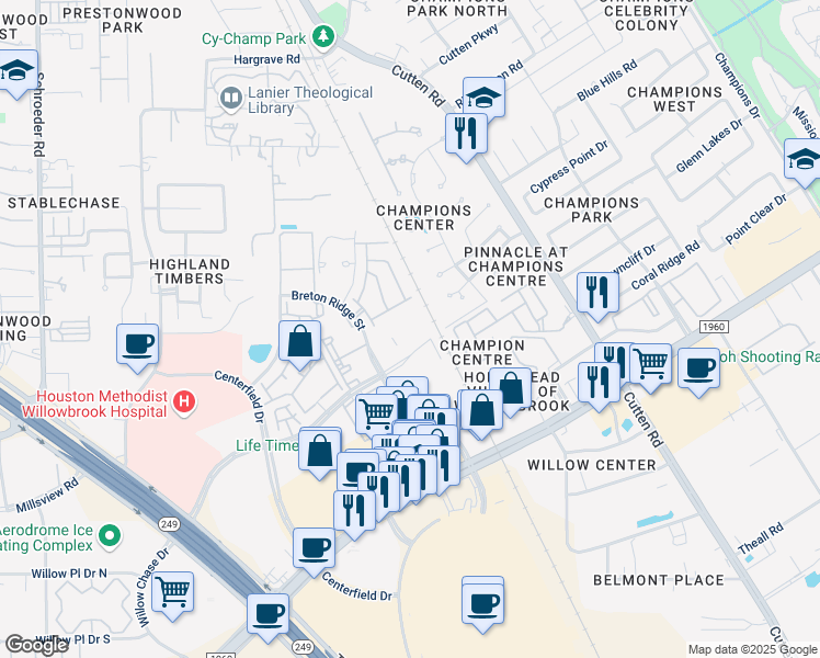 map of restaurants, bars, coffee shops, grocery stores, and more near 13500 Breton Ridge Street in Houston