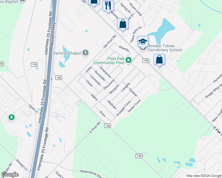 map of restaurants, bars, coffee shops, grocery stores, and more near 412 Musgrav in Kyle