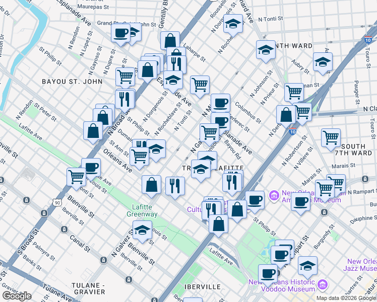 map of restaurants, bars, coffee shops, grocery stores, and more near in New Orleans