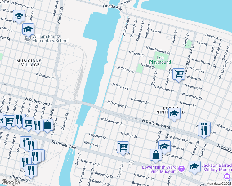 map of restaurants, bars, coffee shops, grocery stores, and more near 1809 Deslonde Street in New Orleans
