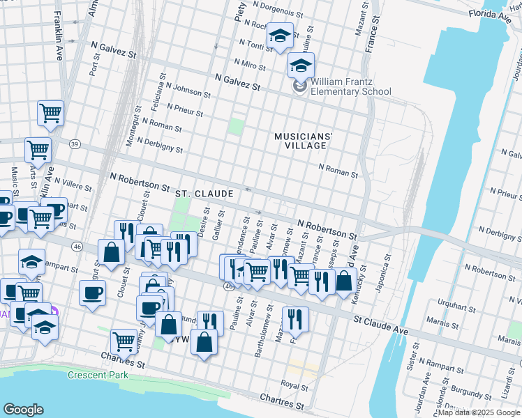 map of restaurants, bars, coffee shops, grocery stores, and more near 1441 Pauline Street in New Orleans