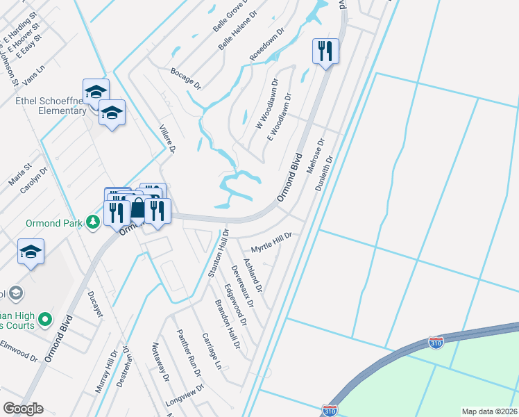 map of restaurants, bars, coffee shops, grocery stores, and more near 2116 Ormond Boulevard in Destrehan
