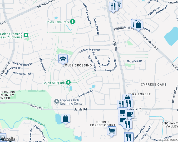 map of restaurants, bars, coffee shops, grocery stores, and more near 13810 Bowden Creek Drive in Cypress
