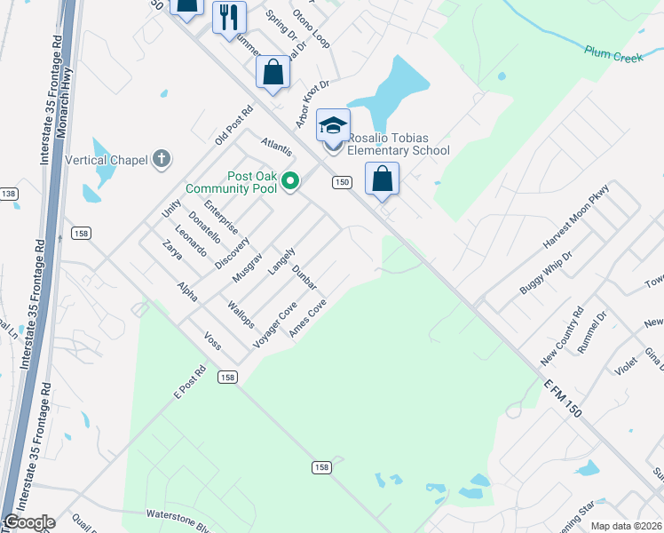 map of restaurants, bars, coffee shops, grocery stores, and more near 159 Voyager Cove in Kyle