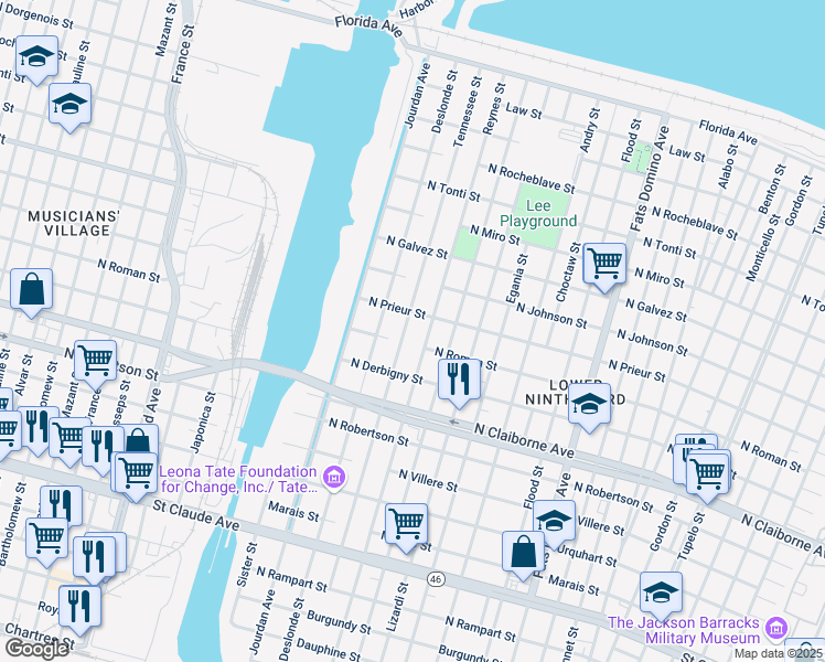 map of restaurants, bars, coffee shops, grocery stores, and more near 1819 Tennessee Street in New Orleans