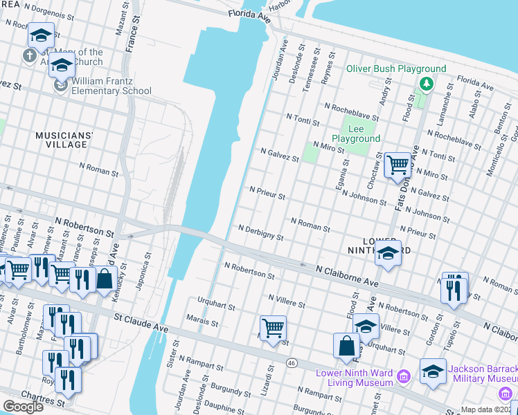 map of restaurants, bars, coffee shops, grocery stores, and more near 1809 Deslonde Street in New Orleans