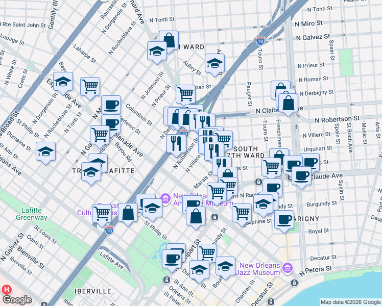 map of restaurants, bars, coffee shops, grocery stores, and more near 1418 Columbus Street in New Orleans