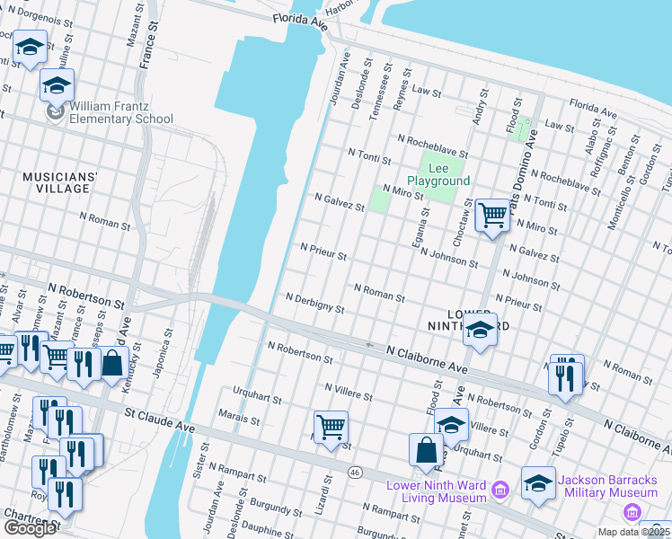 map of restaurants, bars, coffee shops, grocery stores, and more near 1819 Tennessee Street in New Orleans