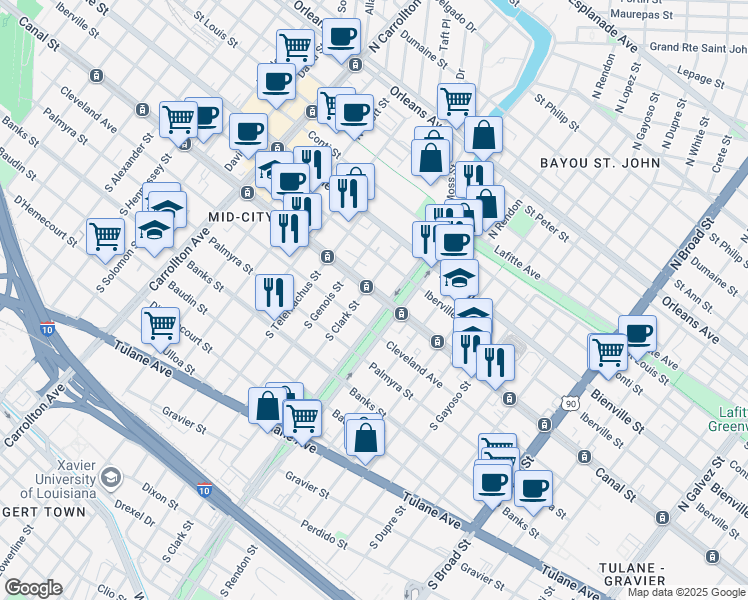 map of restaurants, bars, coffee shops, grocery stores, and more near 3402 Canal Street in New Orleans