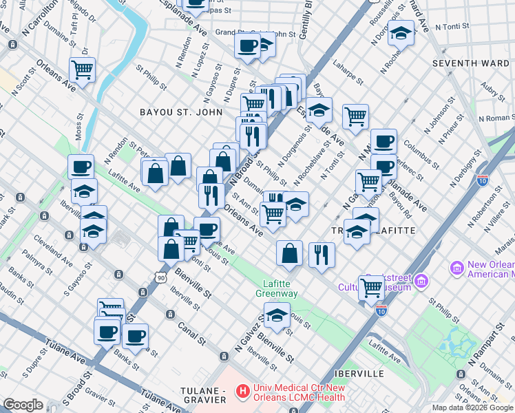map of restaurants, bars, coffee shops, grocery stores, and more near 2549 Orleans Avenue in New Orleans