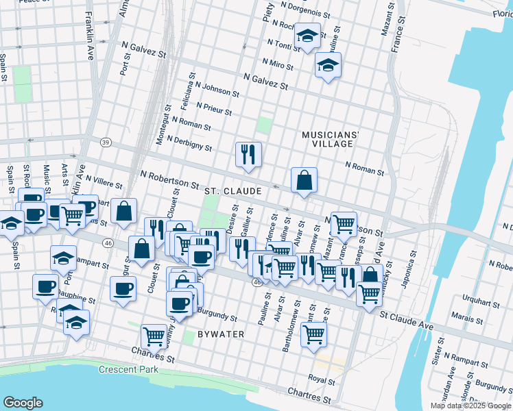 map of restaurants, bars, coffee shops, grocery stores, and more near 1437 Gallier Street in New Orleans