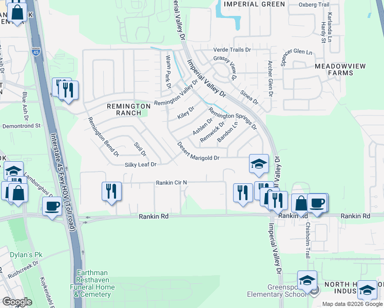 map of restaurants, bars, coffee shops, grocery stores, and more near 18711 Desert Marigold Drive in Houston
