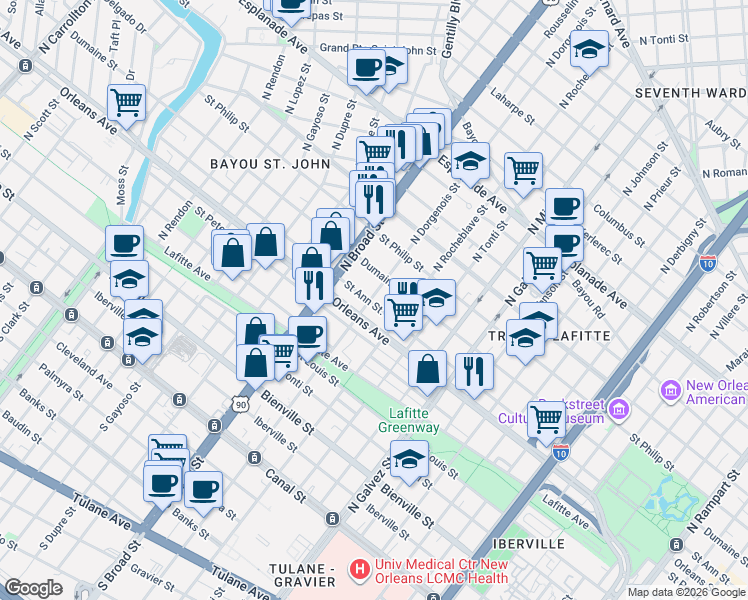 map of restaurants, bars, coffee shops, grocery stores, and more near 2549 Orleans Avenue in New Orleans