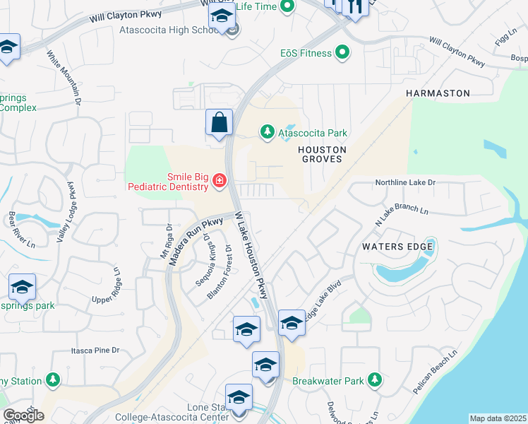 map of restaurants, bars, coffee shops, grocery stores, and more near 16702 West Lake Houston Parkway in Humble