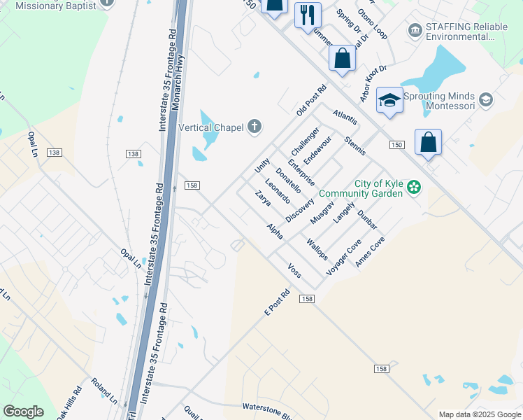 map of restaurants, bars, coffee shops, grocery stores, and more near 421 Alpha in Kyle
