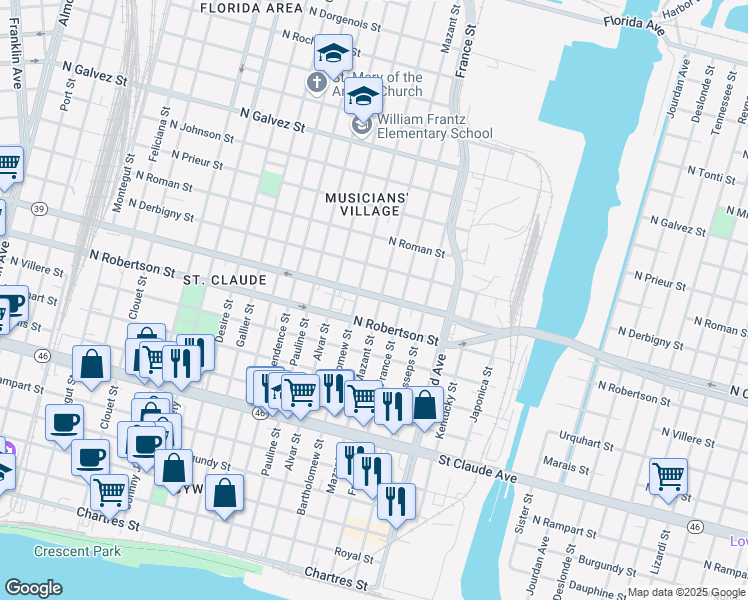 map of restaurants, bars, coffee shops, grocery stores, and more near 1517 Mazant Street in New Orleans