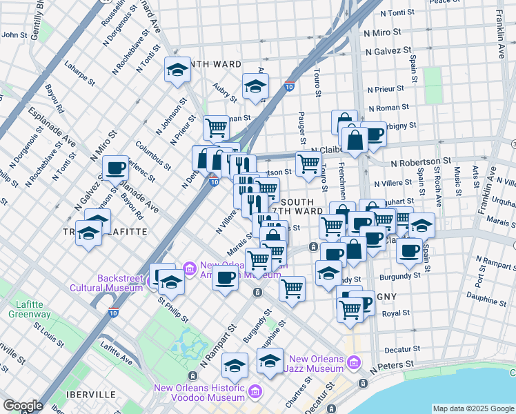 map of restaurants, bars, coffee shops, grocery stores, and more near 1338 Annette Street in New Orleans
