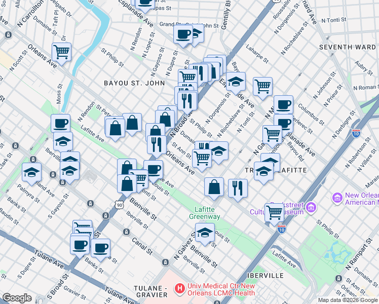 map of restaurants, bars, coffee shops, grocery stores, and more near 2549 Orleans Avenue in New Orleans
