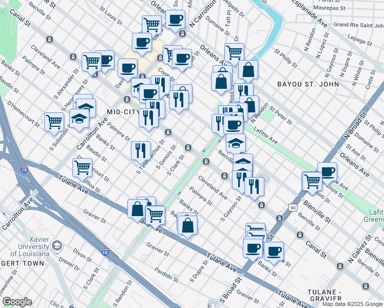 map of restaurants, bars, coffee shops, grocery stores, and more near 3402 Canal Street in New Orleans