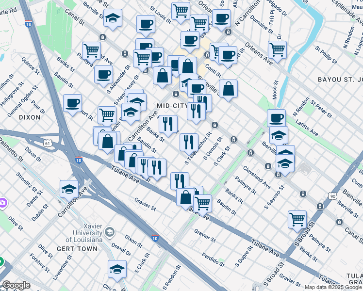 map of restaurants, bars, coffee shops, grocery stores, and more near 3816 Banks Street in New Orleans