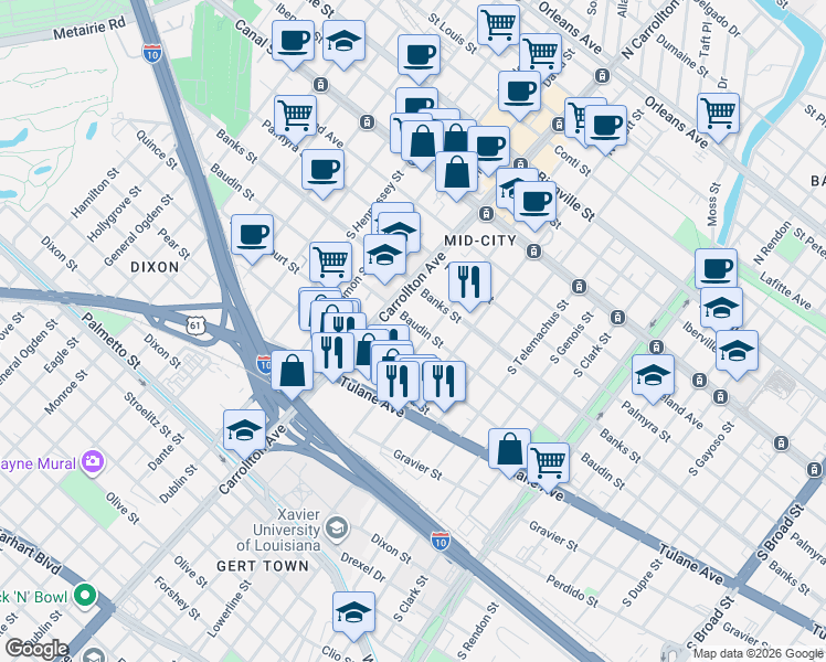 map of restaurants, bars, coffee shops, grocery stores, and more near 4007 D'Hemecourt Street in New Orleans
