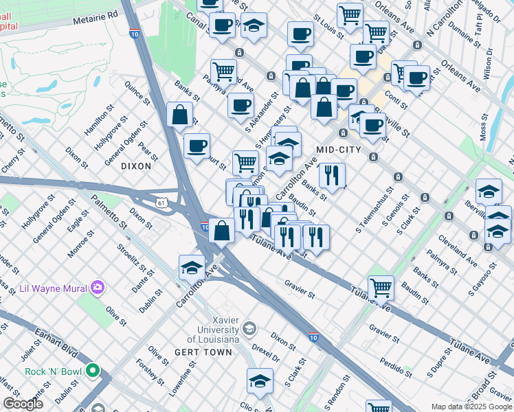 map of restaurants, bars, coffee shops, grocery stores, and more near in New Orleans
