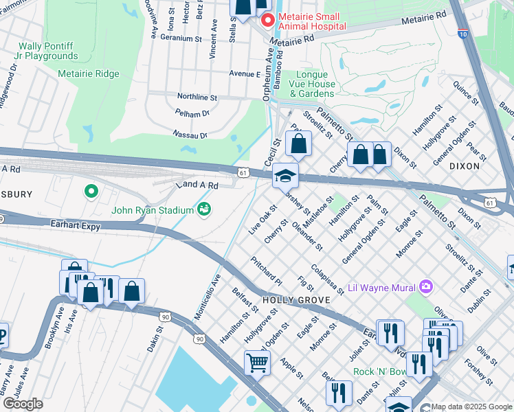 map of restaurants, bars, coffee shops, grocery stores, and more near 9413 Colapissa Street in New Orleans