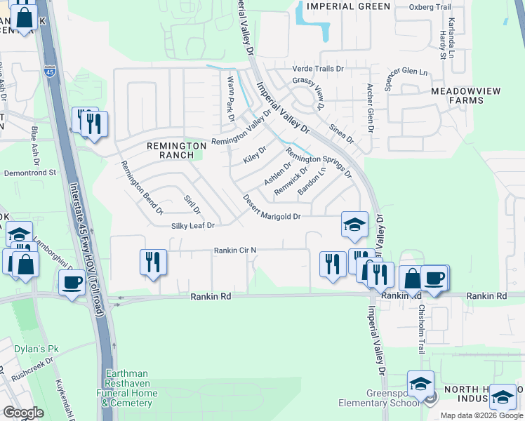 map of restaurants, bars, coffee shops, grocery stores, and more near 18711 Desert Marigold Drive in Houston
