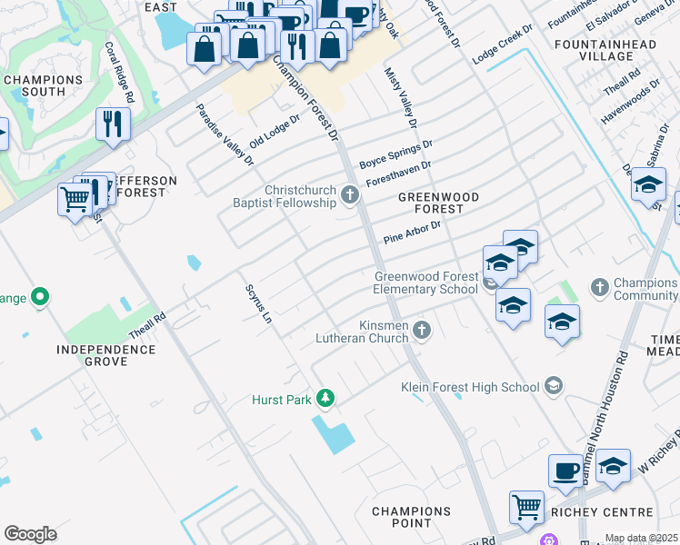 map of restaurants, bars, coffee shops, grocery stores, and more near 5723 Green Springs Drive in Houston