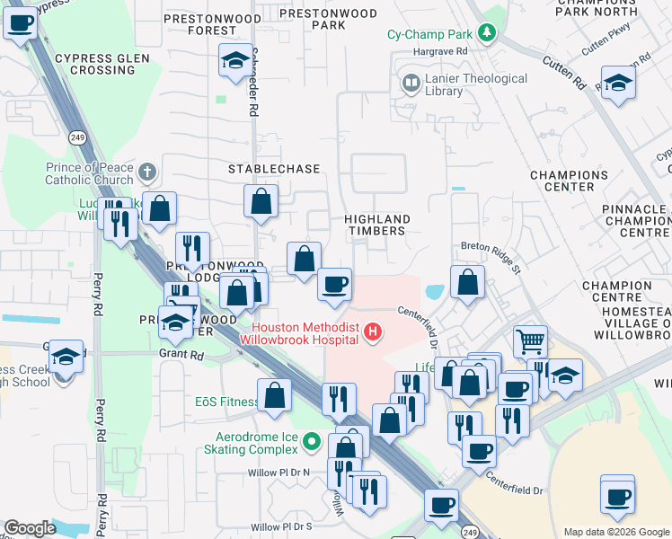 map of restaurants, bars, coffee shops, grocery stores, and more near 15 Ivy Arbor Lane in Houston