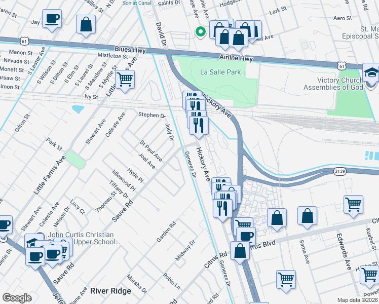 map of restaurants, bars, coffee shops, grocery stores, and more near 2121 Generes Drive in Harahan