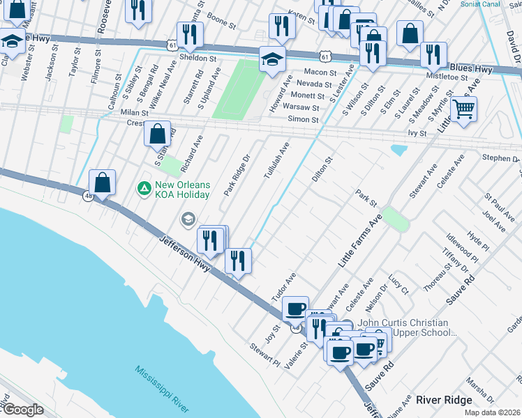 map of restaurants, bars, coffee shops, grocery stores, and more near 517 Arnold Avenue in River Ridge