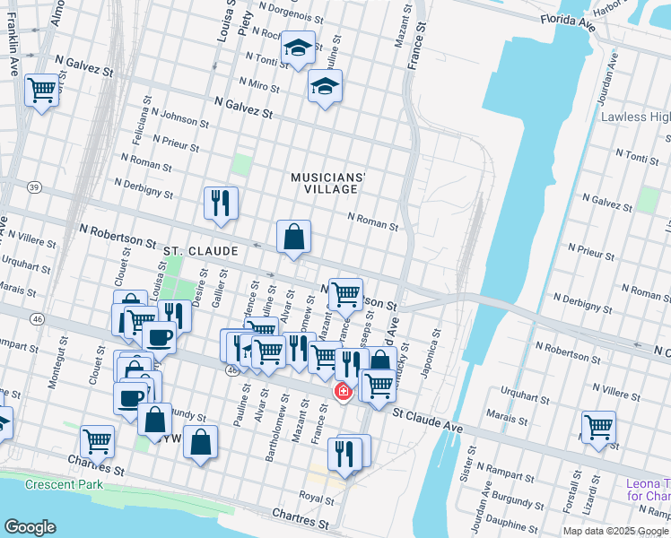 map of restaurants, bars, coffee shops, grocery stores, and more near 1550 Mazant Street in New Orleans