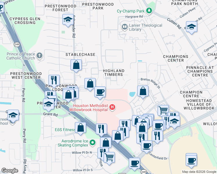 map of restaurants, bars, coffee shops, grocery stores, and more near 13407 Highland Park Court in Houston