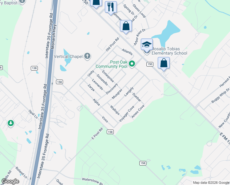 map of restaurants, bars, coffee shops, grocery stores, and more near 412 Musgrav in Kyle