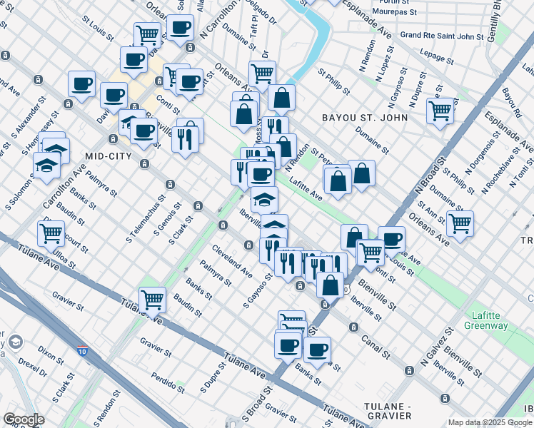map of restaurants, bars, coffee shops, grocery stores, and more near 3216 Bienville Street in New Orleans