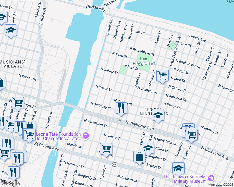 map of restaurants, bars, coffee shops, grocery stores, and more near 5018 North Prieur Street in New Orleans