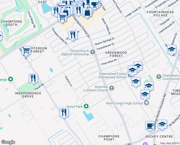 map of restaurants, bars, coffee shops, grocery stores, and more near 5723 Green Springs Drive in Houston