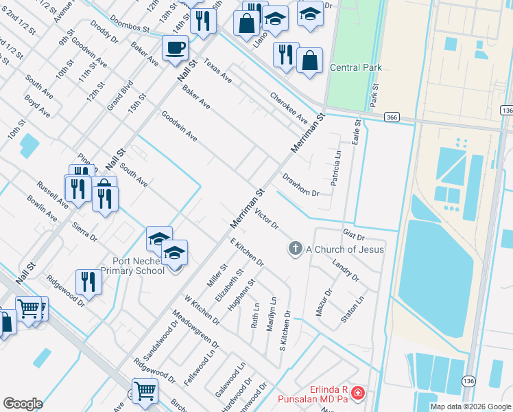map of restaurants, bars, coffee shops, grocery stores, and more near 652 Victor Drive in Port Neches