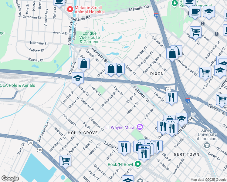 map of restaurants, bars, coffee shops, grocery stores, and more near 3524 Hollygrove Street in New Orleans