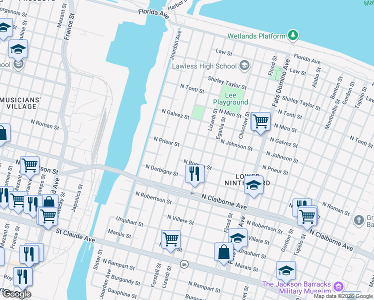 map of restaurants, bars, coffee shops, grocery stores, and more near 5011 North Roman Street in New Orleans
